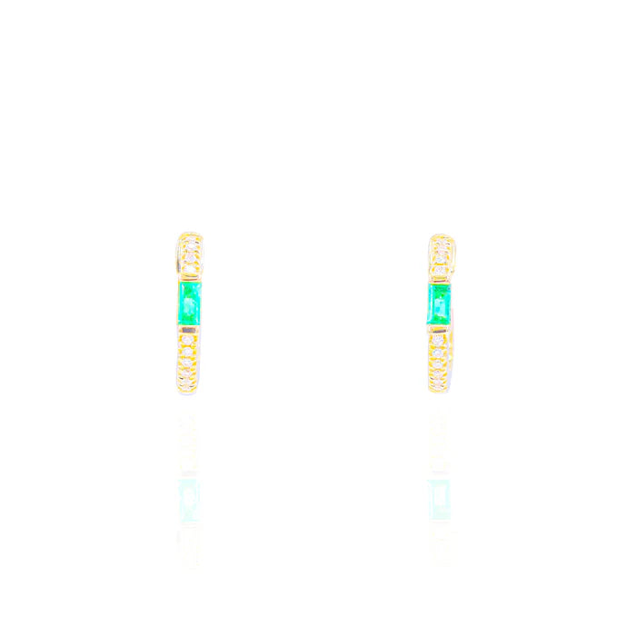 Diamond Hoops w/ Green Emerald Gemstone Center