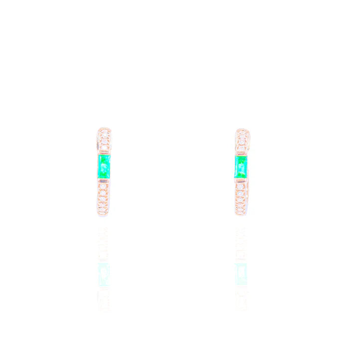 Diamond Hoops w/ Green Emerald Gemstone Center