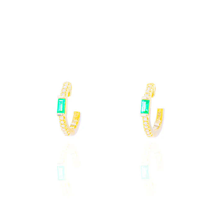 Diamond Hoops w/ Green Emerald Gemstone Center