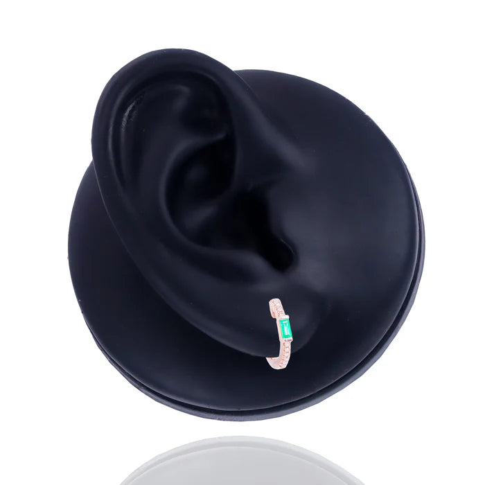 Diamond Hoops w/ Green Emerald Gemstone Center