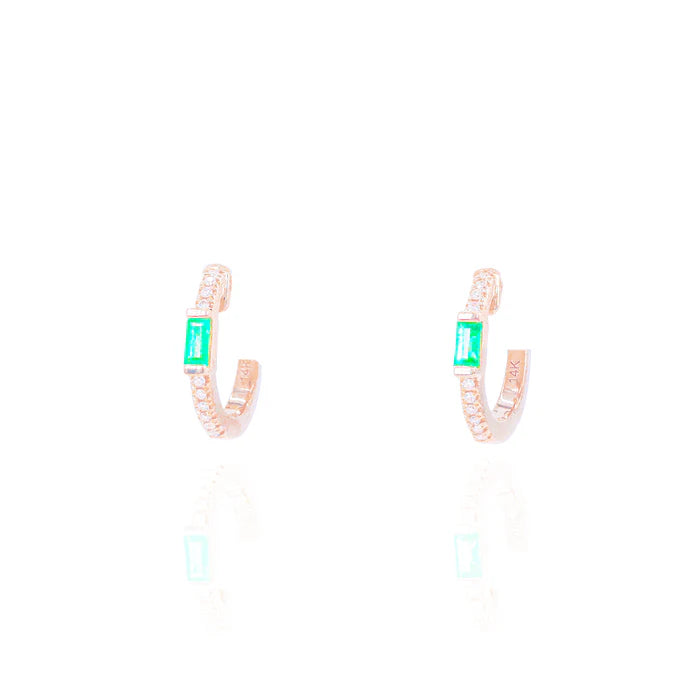 Diamond Hoops w/ Green Emerald Gemstone Center