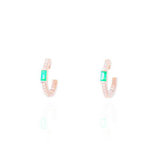 Diamond Hoops w/ Green Emerald Gemstone Center
