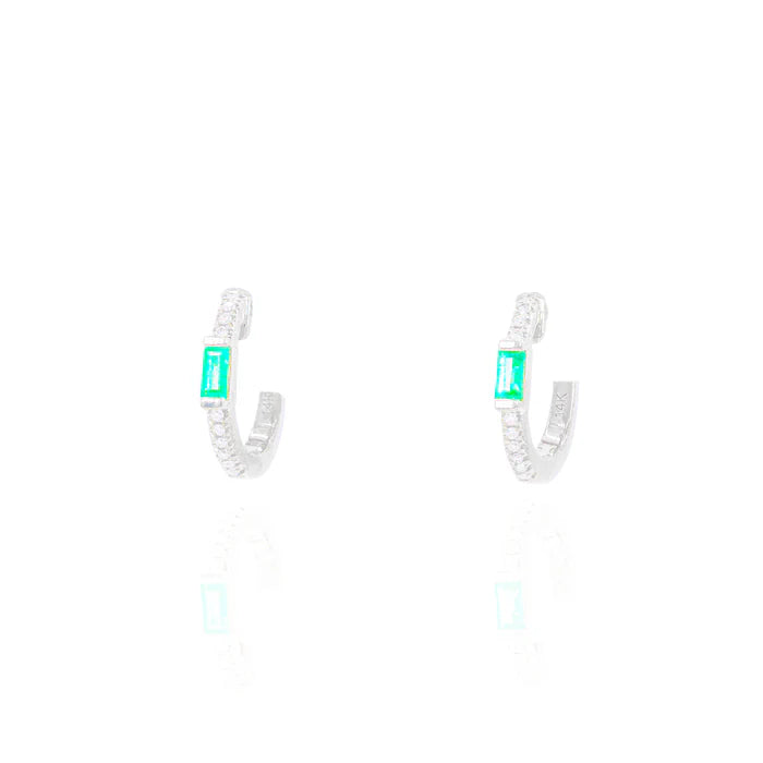 Diamond Hoops w/ Green Emerald Gemstone Center