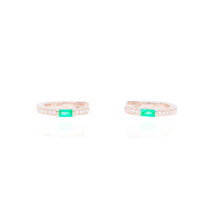 Diamond Hoops w/ Green Emerald Gemstone Center