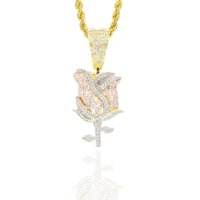 Baguette Diamond Rose Flower Diamond Pendant