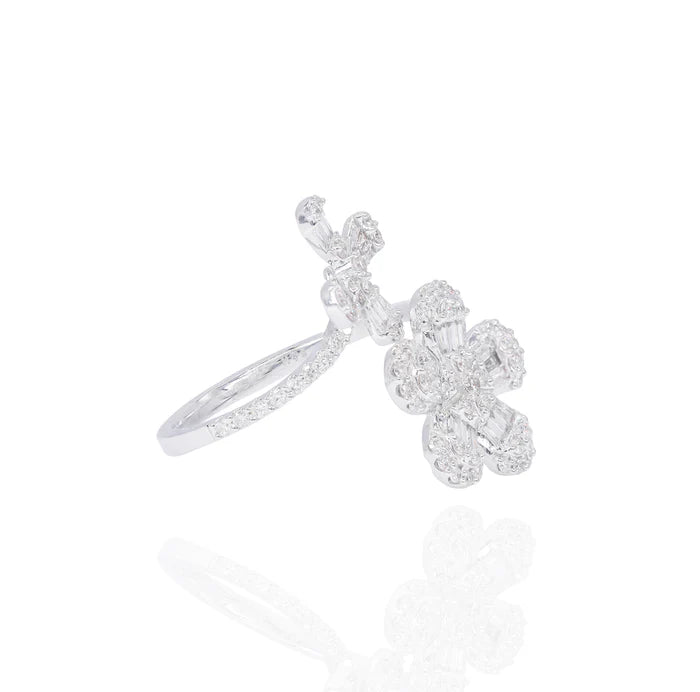 Double Flower Baguette and Round Diamond Cocktail Ring