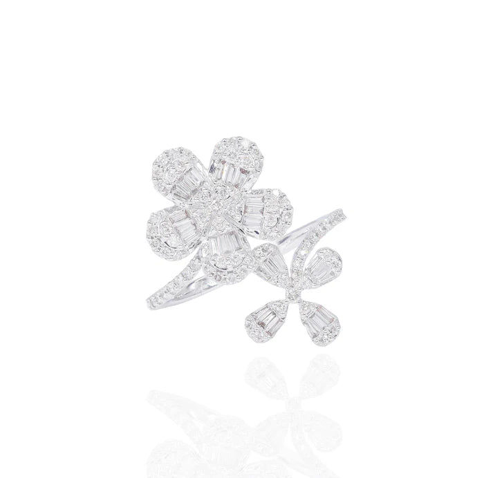 Double Flower Baguette and Round Diamond Cocktail Ring