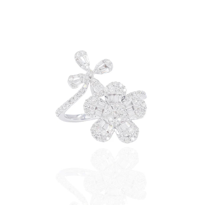 Double Flower Baguette and Round Diamond Cocktail Ring